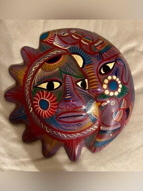 Mexican Hand-Painted Ceramic Pottery Sun Face Wall Hanging Decor, 10 in